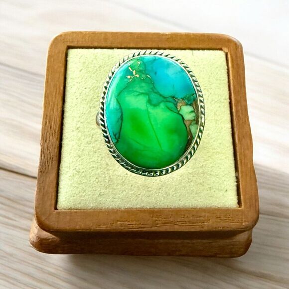 Peacock Dahlia Turquoise Ring – Adjustable Sterling Silver Southwestern New - Picture 1 of 5